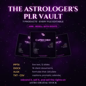 The Astrologer's PLR Vault — fanned zodiac cards over a list of included formats