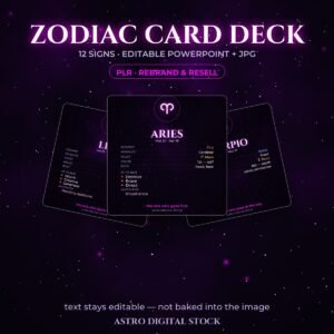 Zodiac Card Deck PLR — three fanned zodiac reference cards
